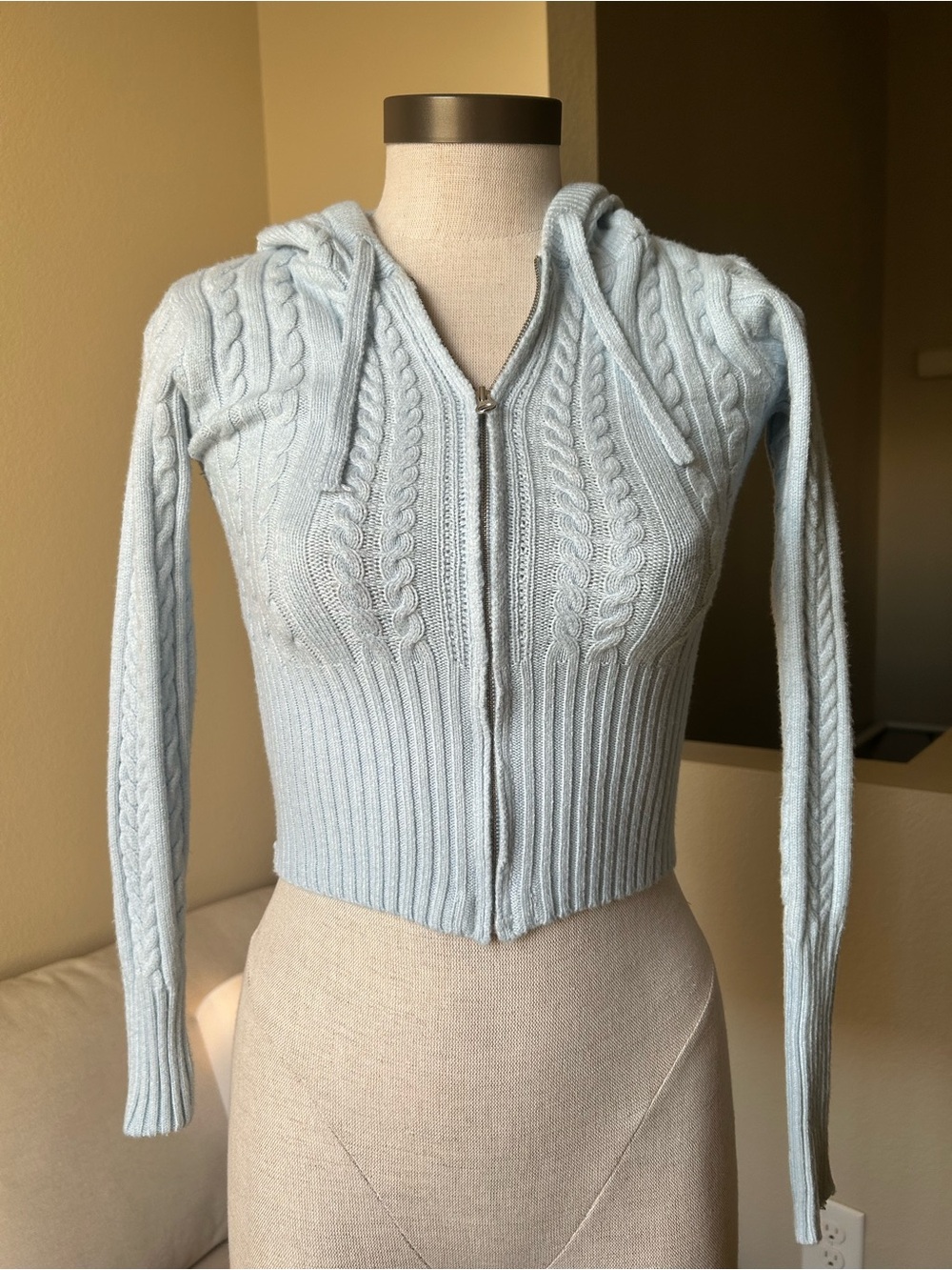 Frankie’s Bikinis Light Blue Cable Knit Zip Hoodie Sweater